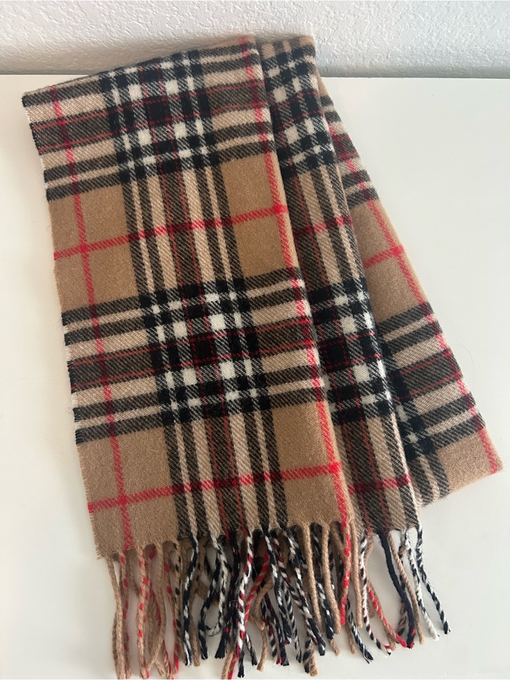 Classic Tartan-Style Plaid Fringe Scarf 100% Lambswool Camel Southdown Tan